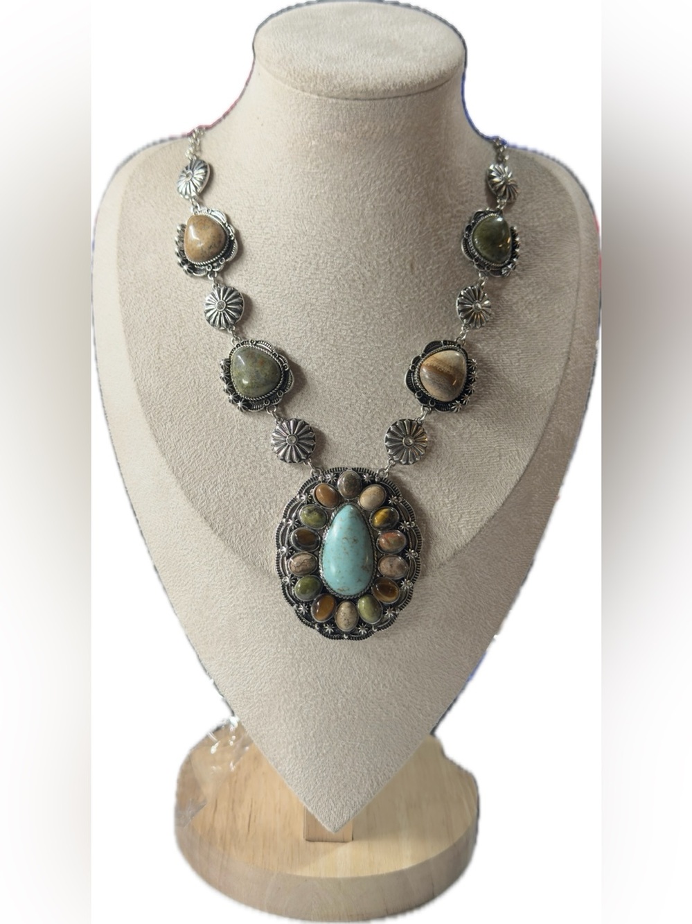 12” adjustable Shyanne Turquoise Teardrop and Earthtone Pendant Necklace